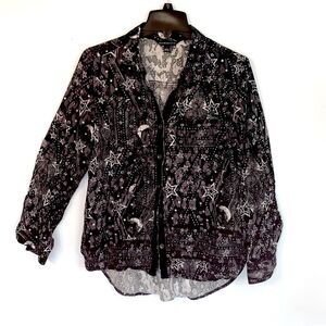 Rock & Republic | Women’s Black Stars Moons Print Button Down Rayon Shirt Size S